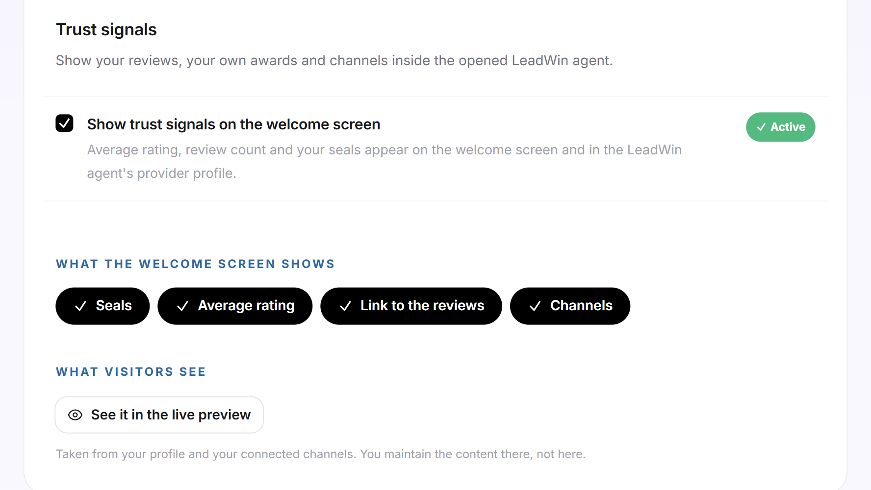 The Trust signals tab with the box ticked, the four forms ticked and the See it in the live preview button