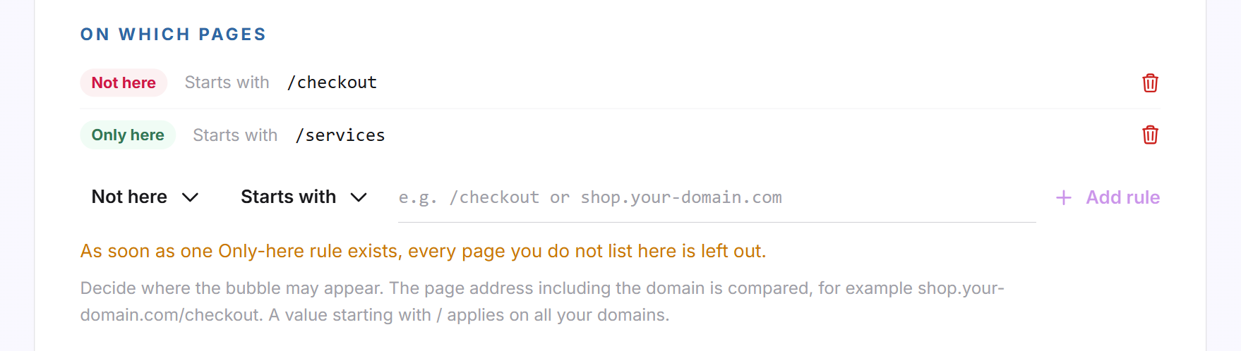 The page rules with a Not here rule for /checkout, an Only here rule for /services and the yellow note on Only here rules
