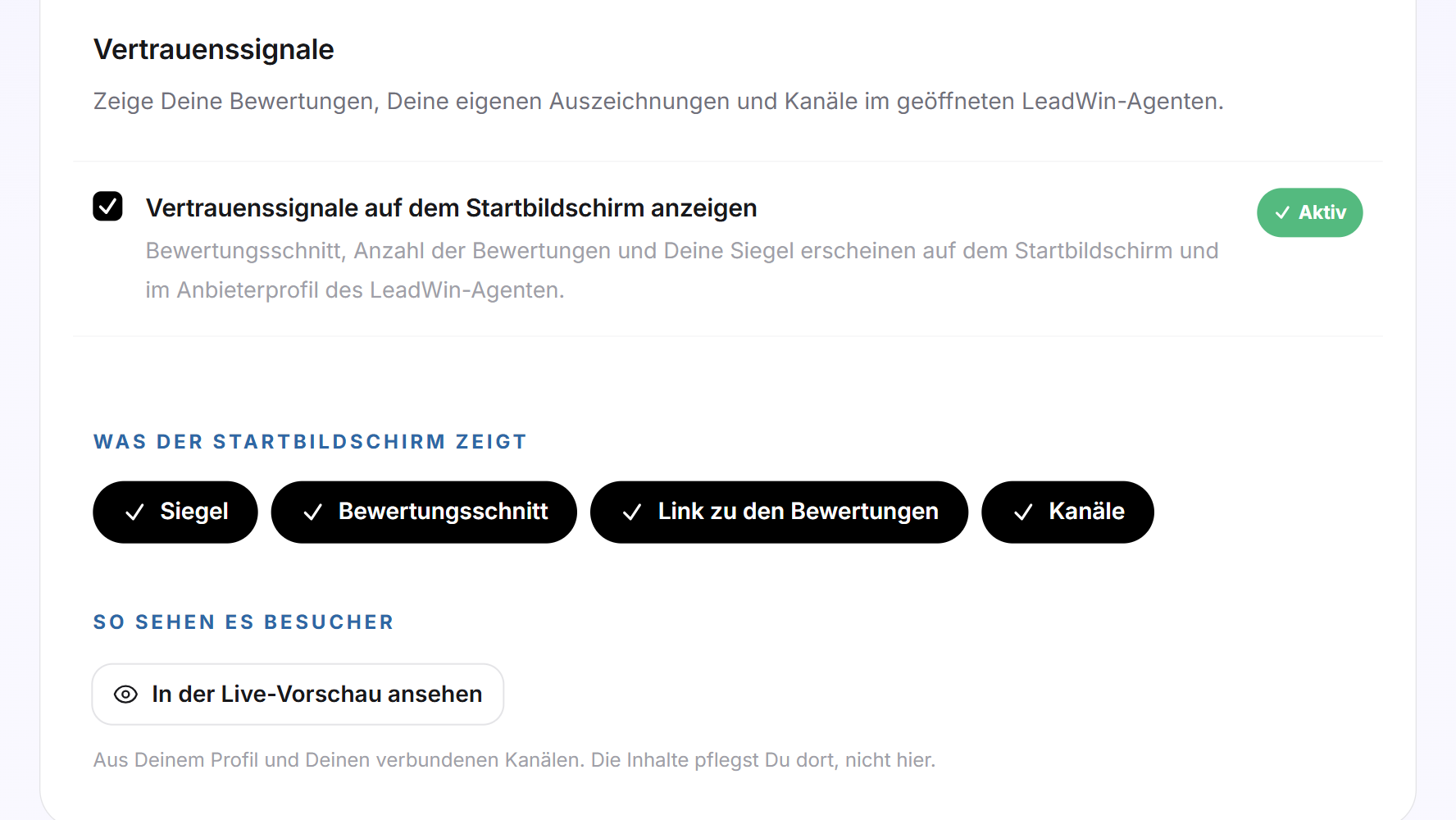 Der Reiter Vertrauenssignale mit gesetztem Haken, den vier angehakten Formen und der Schaltfläche In der Live-Vorschau ansehen