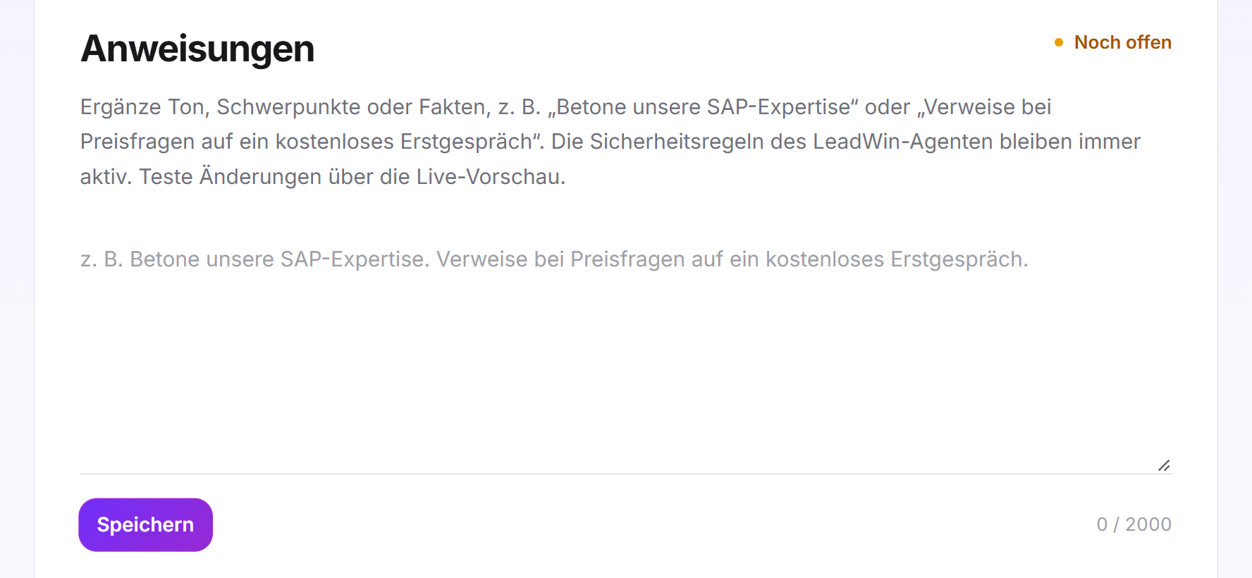 Die leere Karte Anweisungen mit Platzhaltertext und dem Status Noch offen