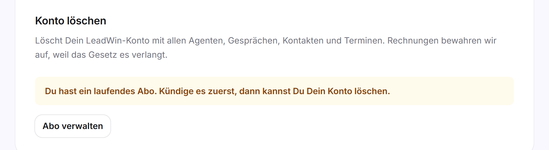 Die Karte Konto löschen mit dem Hinweis auf ein laufendes Abo und der Schaltfläche Abo verwalten