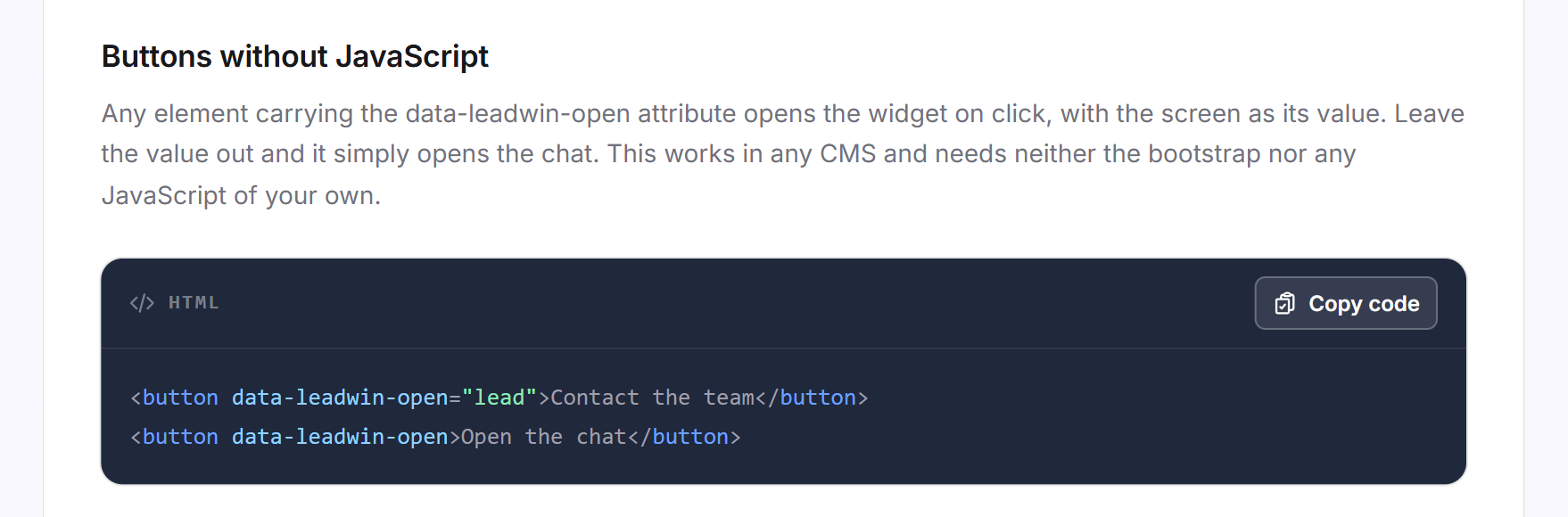 The Buttons without JavaScript card with two examples for the data-leadwin-open attribute