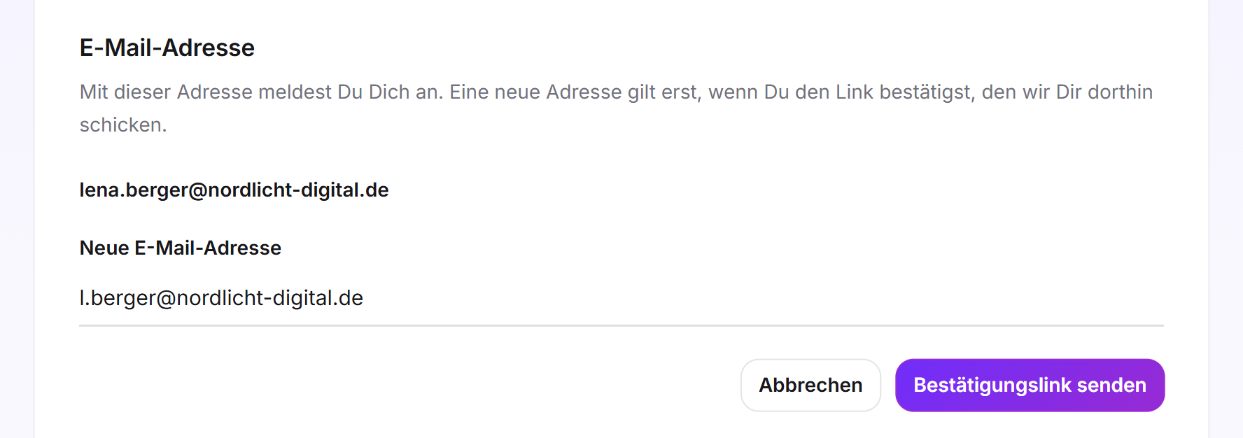 Die Karte E-Mail-Adresse mit dem Feld Neue E-Mail-Adresse und den Schaltflächen Abbrechen und Bestätigungslink senden