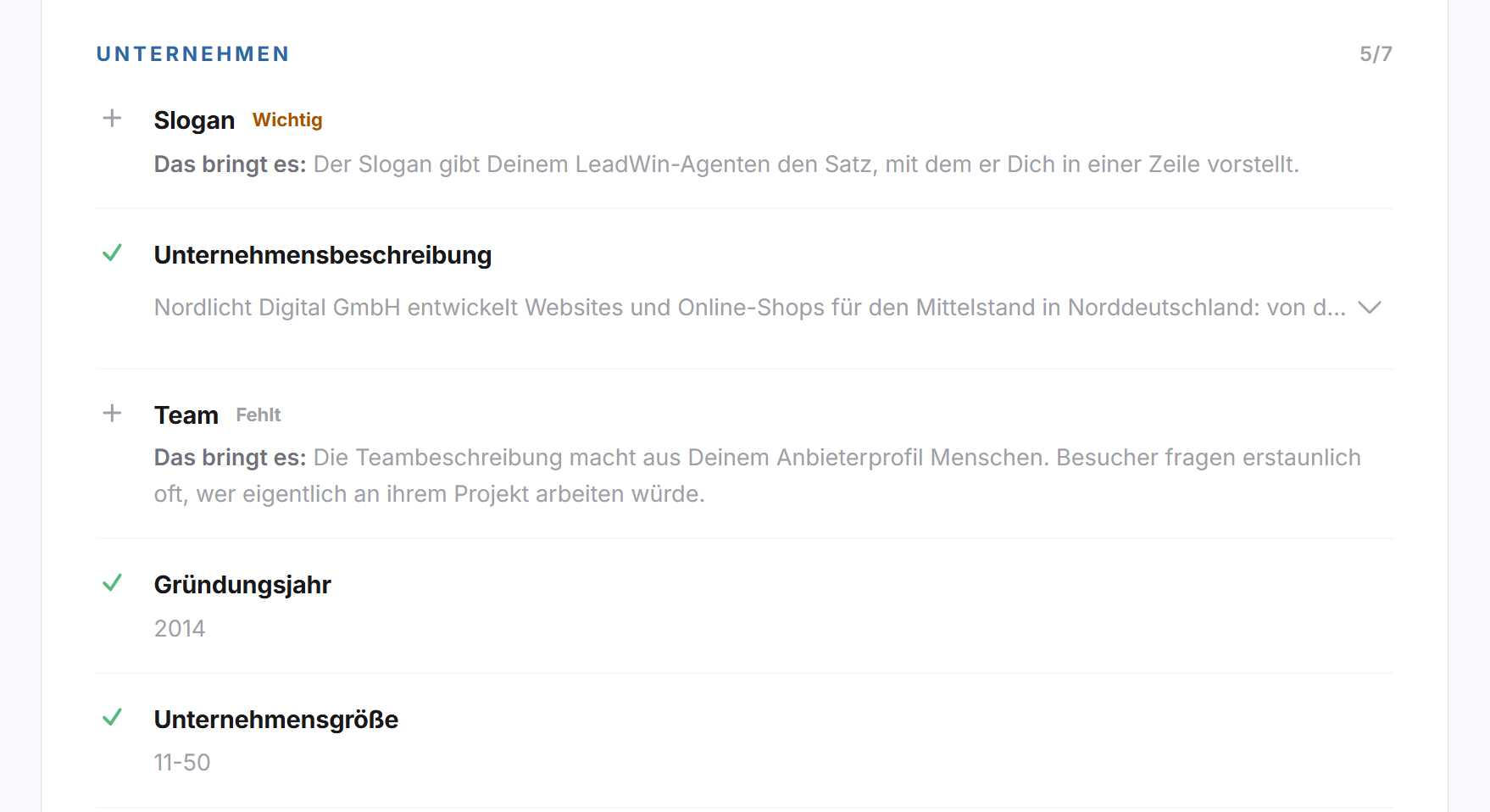 Die Gruppe Unternehmen des Feedbax-Profils mit gepflegten Angaben und fehlenden Angaben mit den Kennzeichen Wichtig und Fehlt