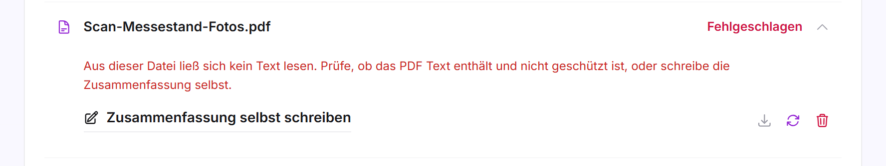 Ein fehlgeschlagenes Dokument mit dem Grund, der Schaltfläche Zusammenfassung selbst schreiben und dem Symbol Erneut verarbeiten