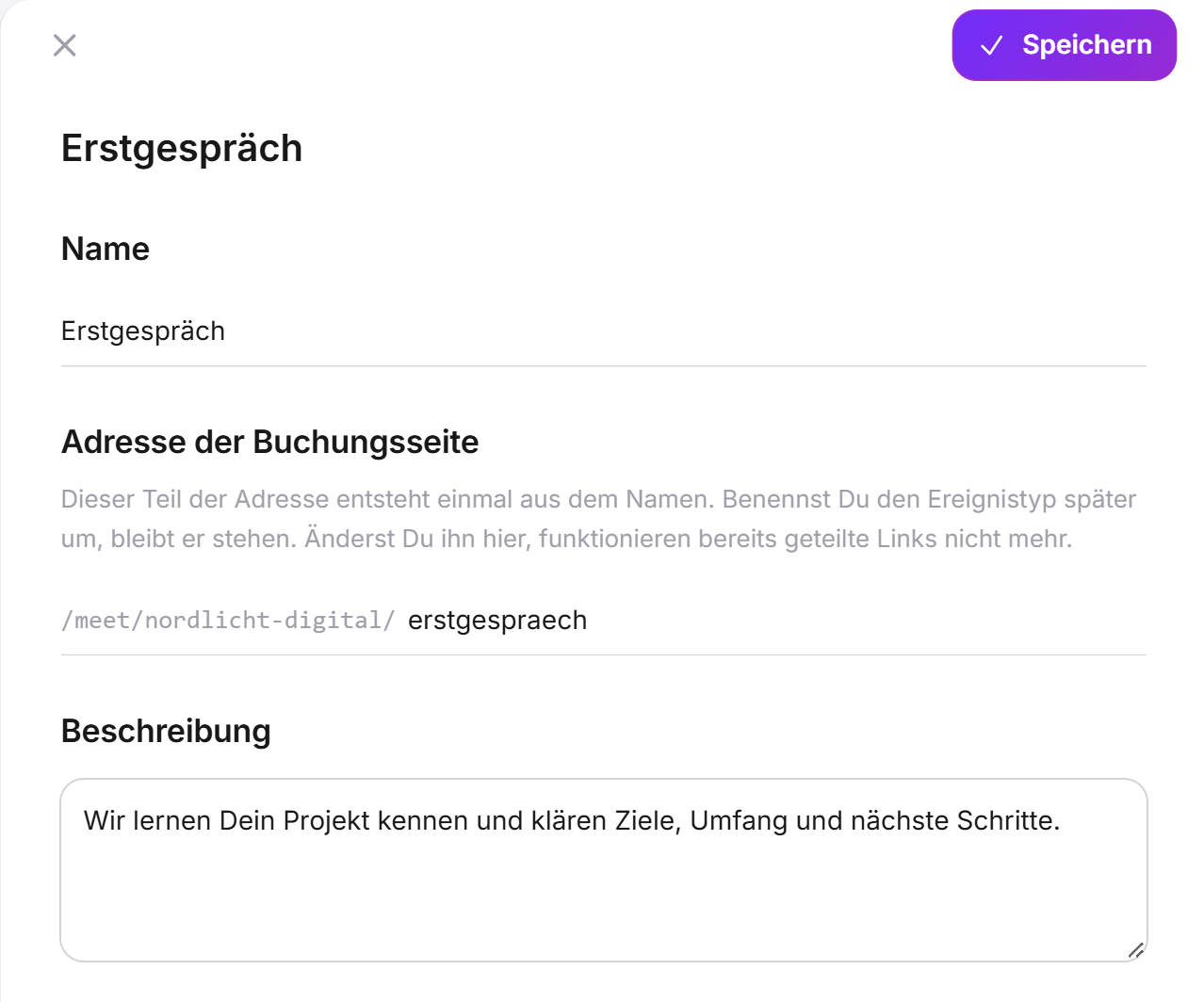 Die Schublade eines Ereignistyps mit Name, Adresse der Buchungsseite und Beschreibung