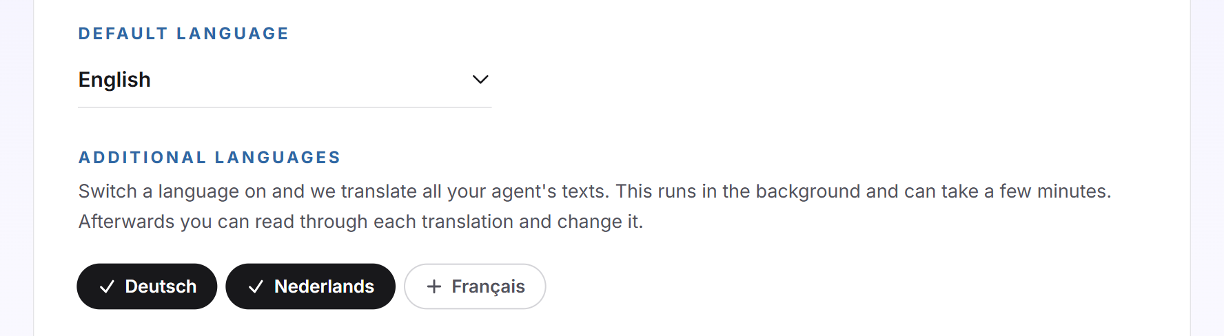 The default language English and below it the additional languages Deutsch and Nederlands switched on
