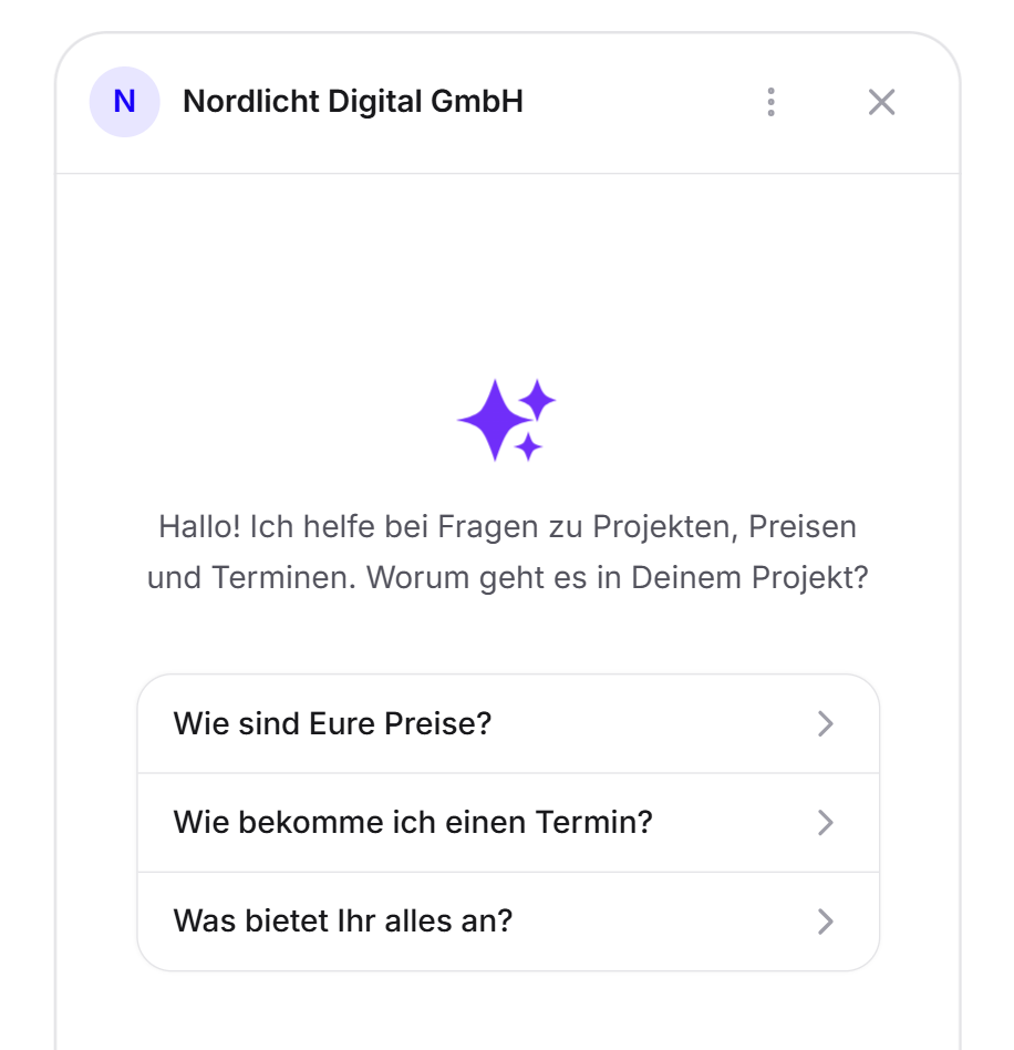 Die Ansicht Startbildschirm mit Begrüßung und drei Gesprächseinstiegen im Chat von Nordlicht Digital