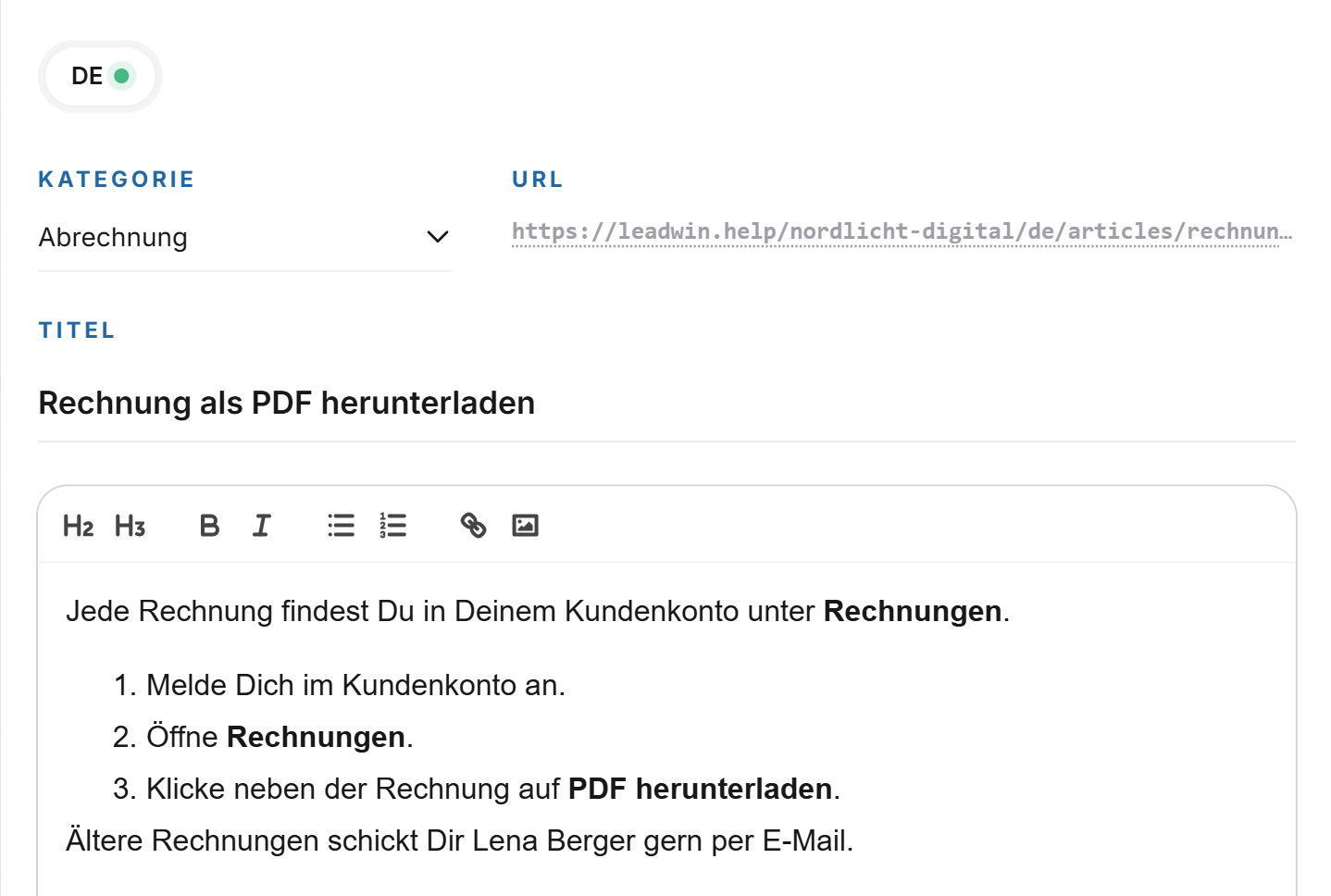 Der Artikel-Editor mit Sprachen, Kategorie, öffentlicher Adresse, Titel und der Werkzeugleiste für den Text