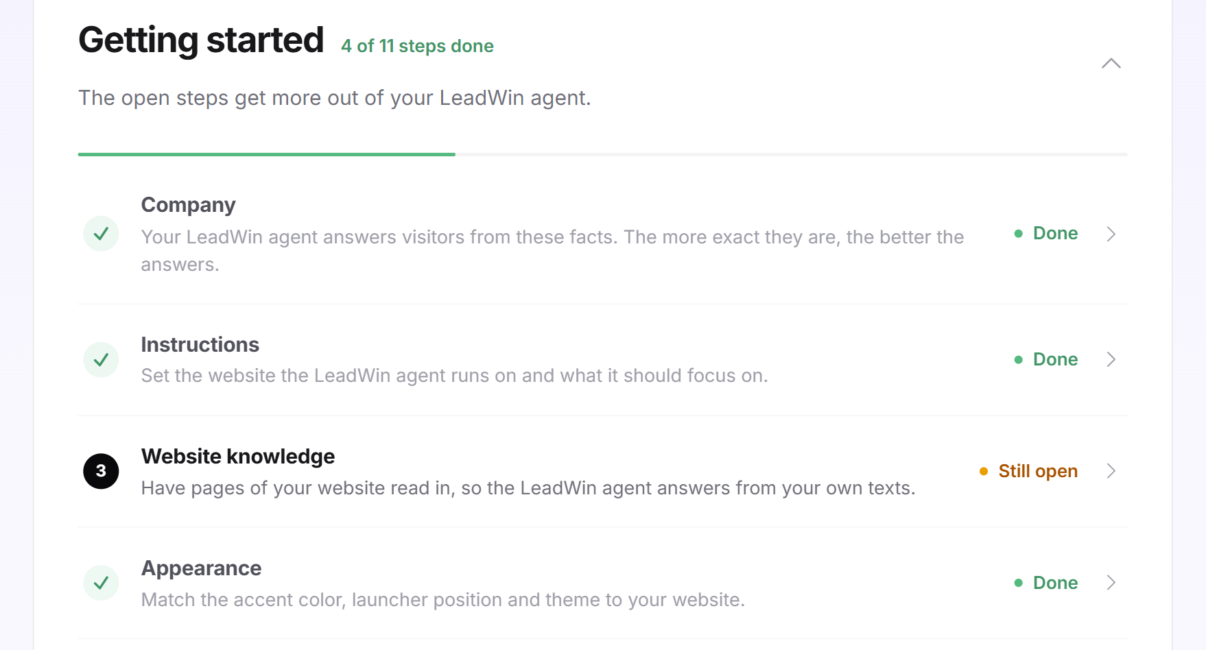 The checklist with 4 of 11 steps done, green progress and a row with the status Still open