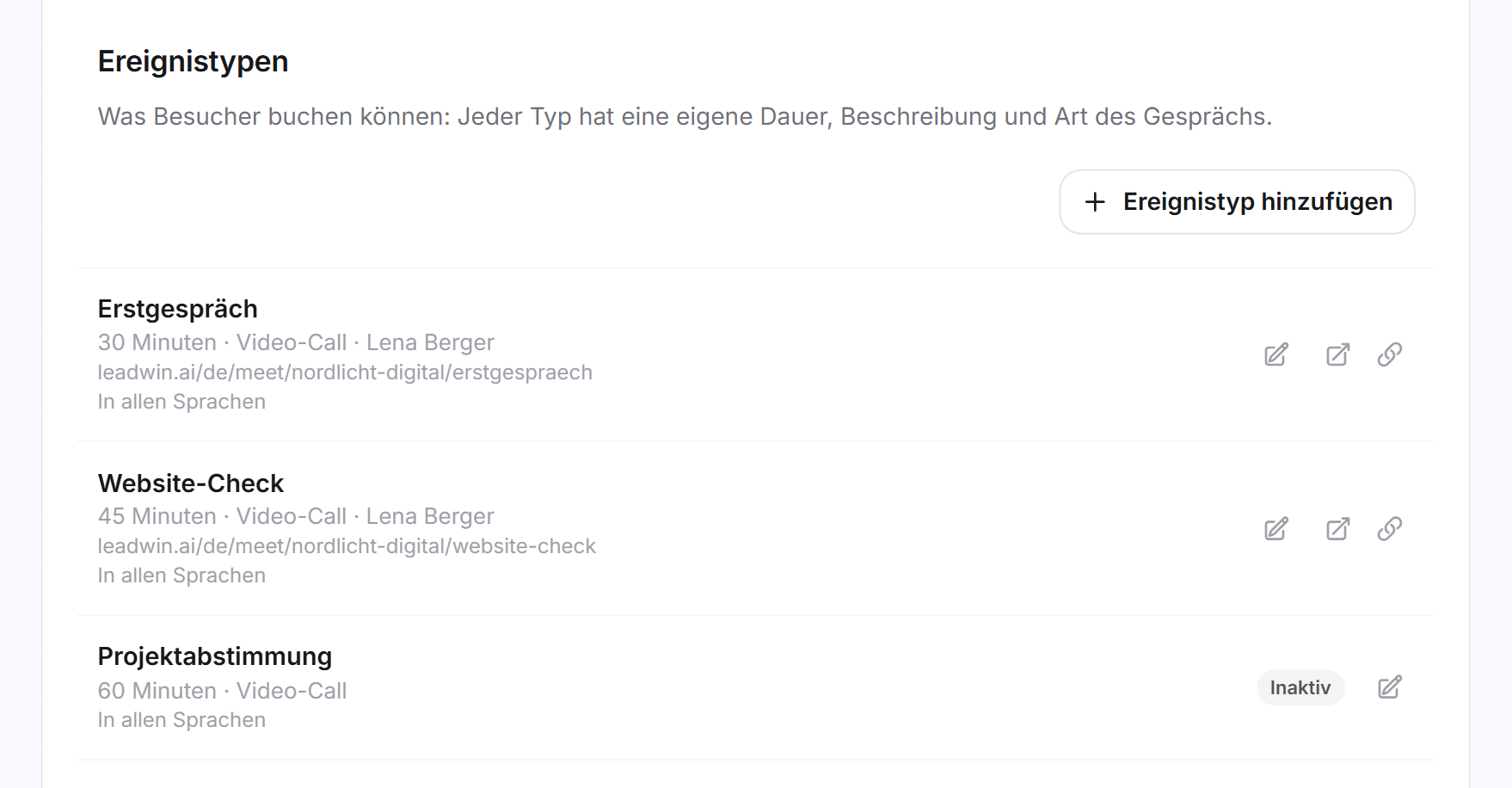 Die Karte Ereignistypen mit drei Einträgen: Erstgespräch, Website-Check und ein inaktiver Typ Projektabstimmung