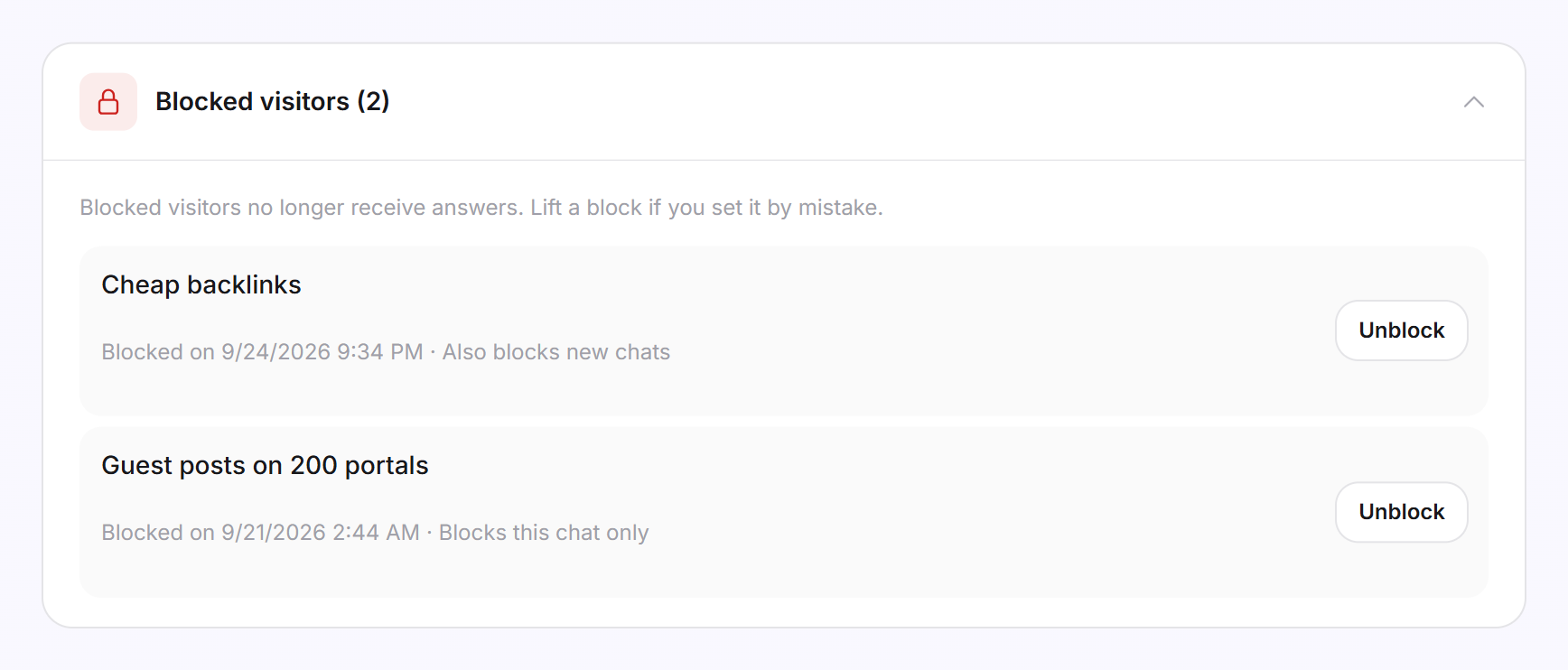 The expanded Blocked visitors section with two blocks and the Unblock button