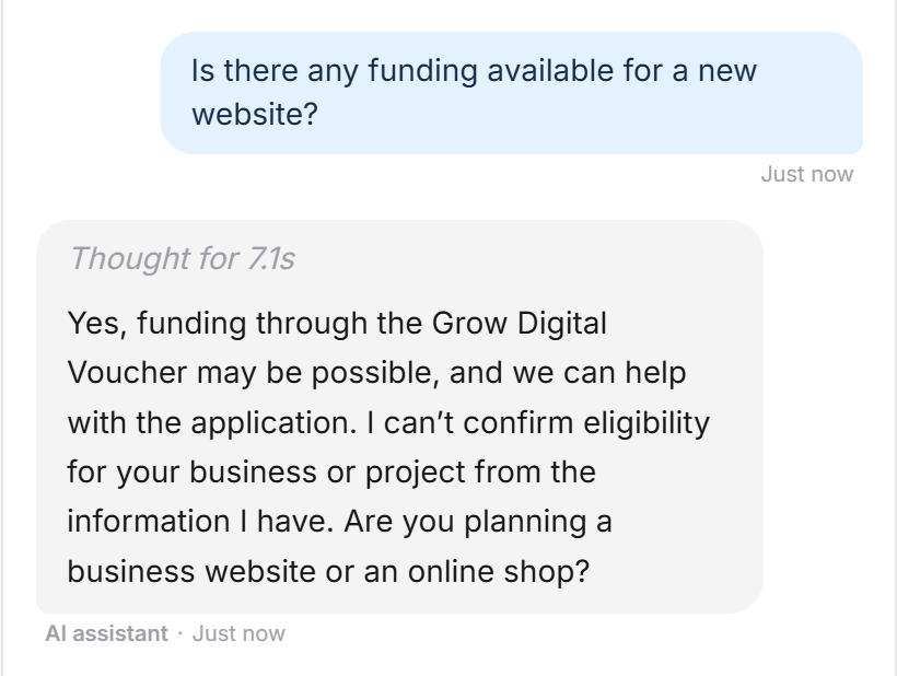 A visitor asks whether there is any funding for a new website. The LeadWin agent names the Grow Digital Voucher and help with the application, says it cannot confirm eligibility and asks whether it is a new website or a relaunch