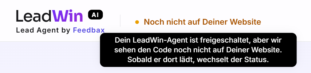 Die Kopfzeile mit dem LeadWin-Logo und dem gelben Status Noch nicht auf Deiner Website samt Erklärung