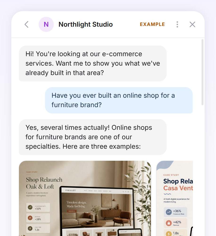 The animated sample conversation with greeting, visitor question and an answer with reference cards