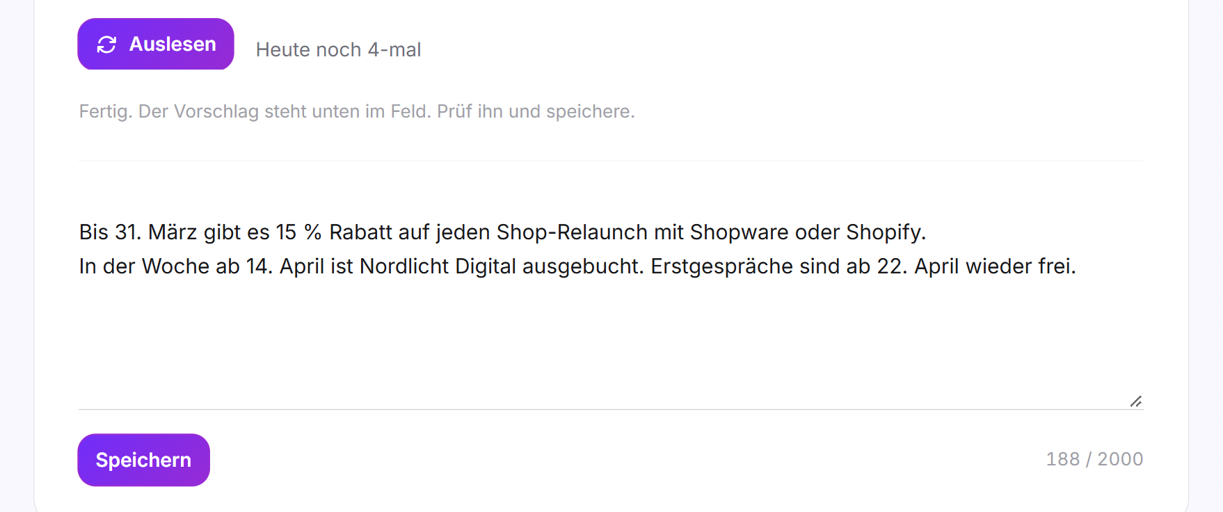 Die Erfolgsmeldung nach dem Auslesen, darunter der Vorschlag im Textfeld