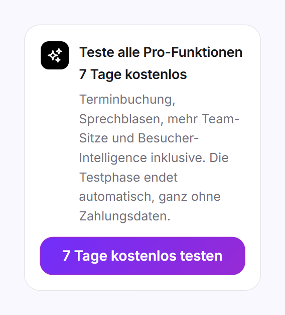 Die Karte Teste alle Pro-Funktionen 7 Tage kostenlos unten links im LeadWin-Dashboard mit der Schaltfläche 7 Tage kostenlos testen