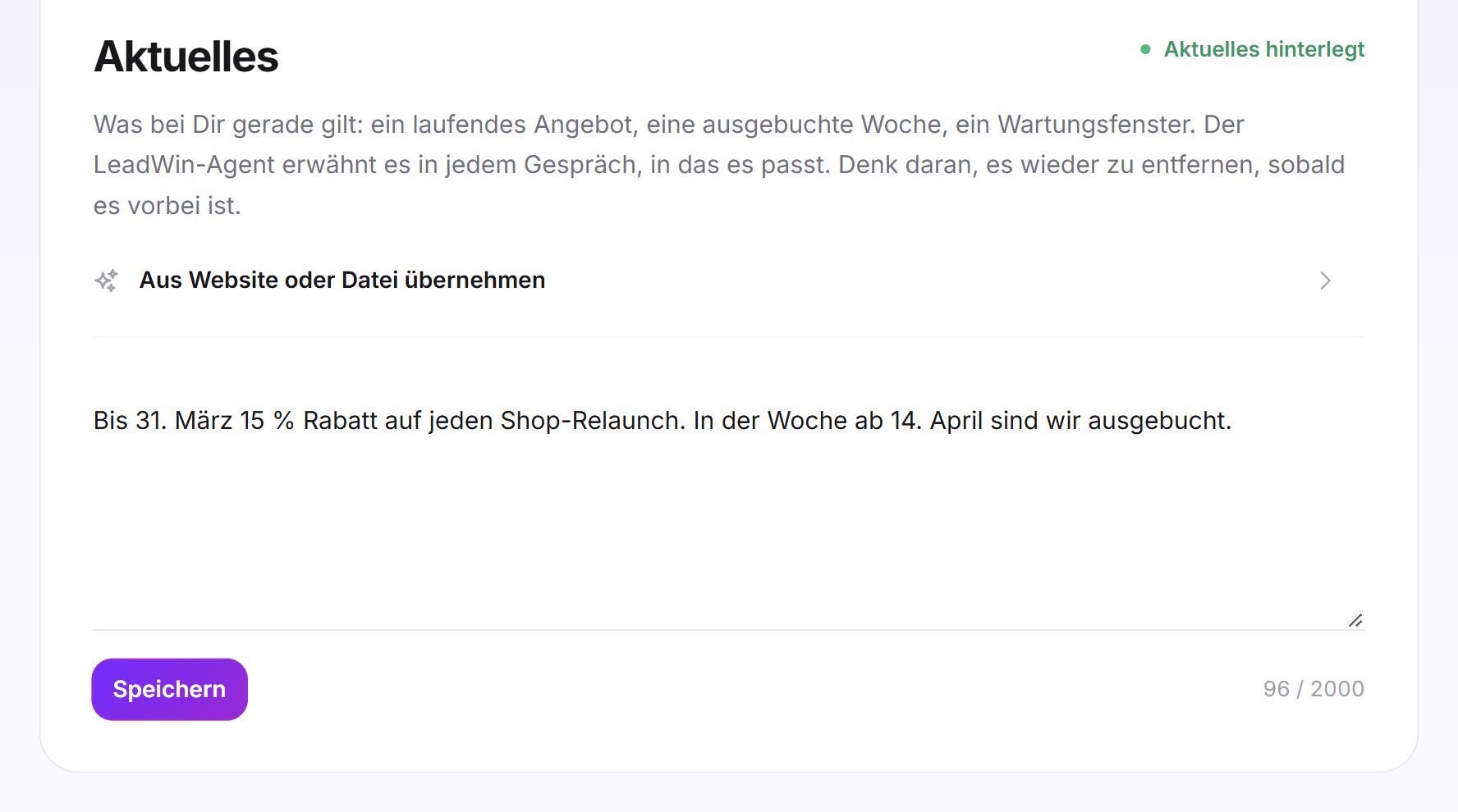 Die Karte Aktuelles mit einem gespeicherten Angebotstext und dem Status Aktuelles hinterlegt