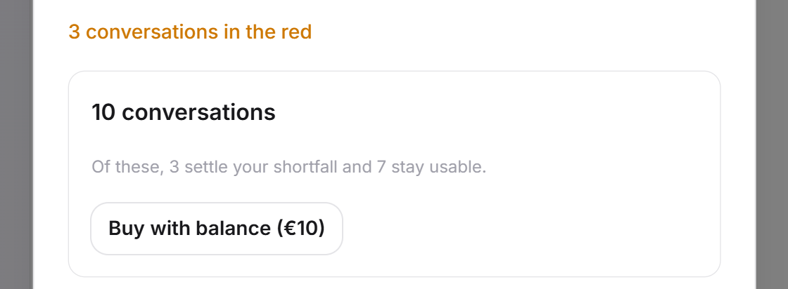 La boîte de dialogue Plus de conversations avec 3 conversations en négatif et la remarque sur le pack indiquant combien de conversations servent à la compensation et combien restent utilisables
