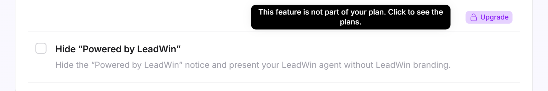 A setting with the purple Upgrade label and the open note that the feature is not included in the plan