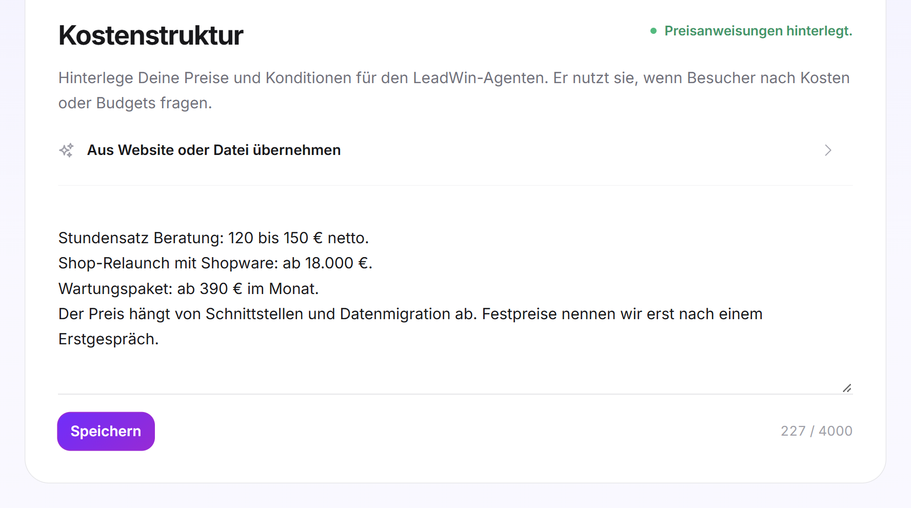 Die Karte Kostenstruktur mit dem zugeklappten Bereich Aus Website oder Datei übernehmen, einem ausgefüllten Textfeld mit Preisen und dem Zeichenzähler