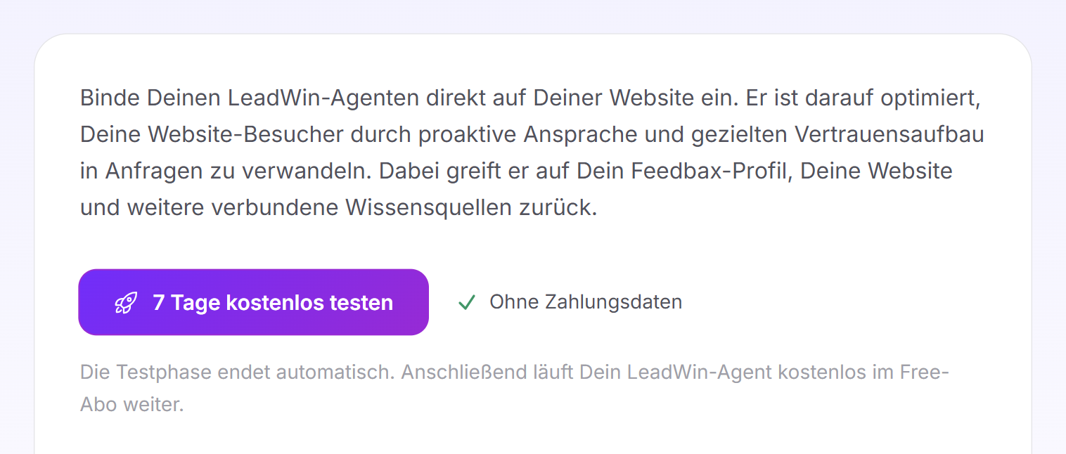 Der Bildschirm zum Anlegen mit Einleitung, der Schaltfläche 7 Tage kostenlos testen, dem Hinweis Ohne Zahlungsdaten und dem Satz zum Ende der Testphase
