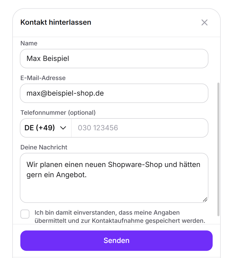 Das Formular Kontakt hinterlassen mit den Feldern Name, E-Mail-Adresse, Telefonnummer und Nachricht, der Einwilligung und der Schaltfläche Senden