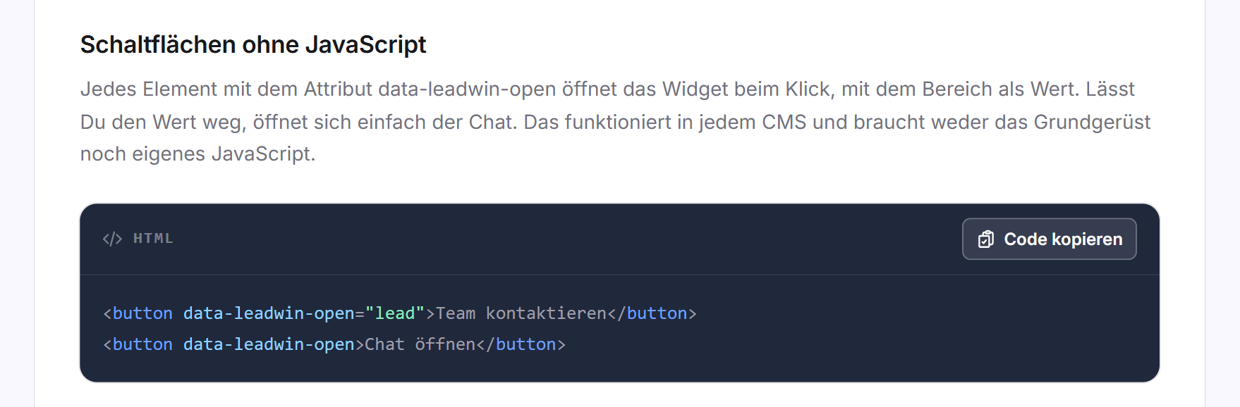 Die Karte Schaltflächen ohne JavaScript mit zwei Beispielen für das Attribut data-leadwin-open