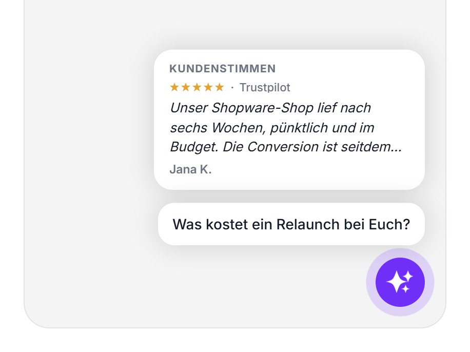 Eine Karte Kundenstimmen mit fünf Sternen von Trustpilot und darunter eine Sprechblase über dem geschlossenen Launcher