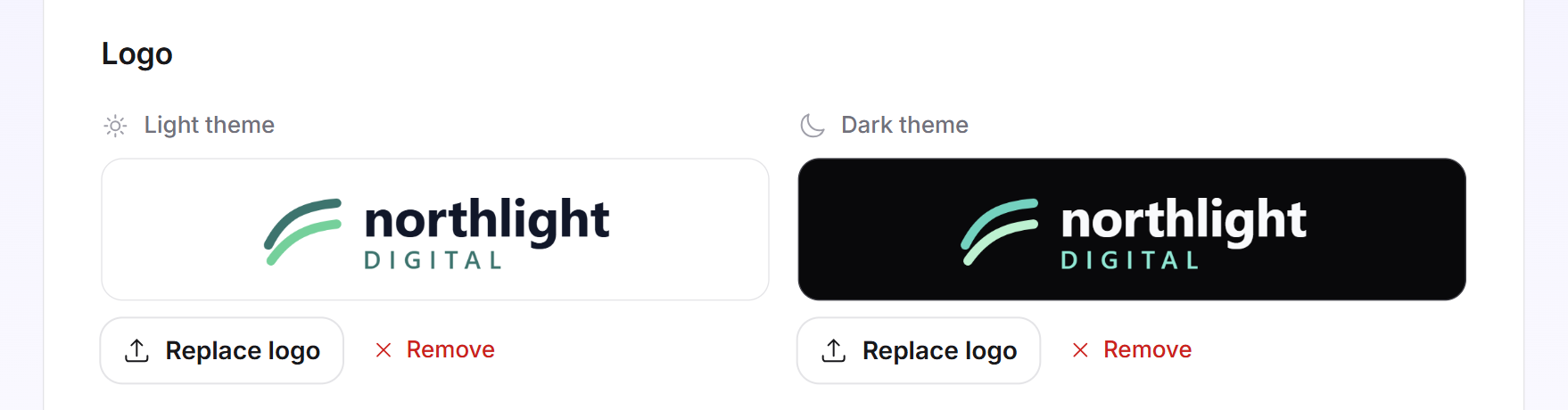 The logo block with a logo in the Light theme field and one in the Dark theme field, each with the Replace logo and Remove buttons