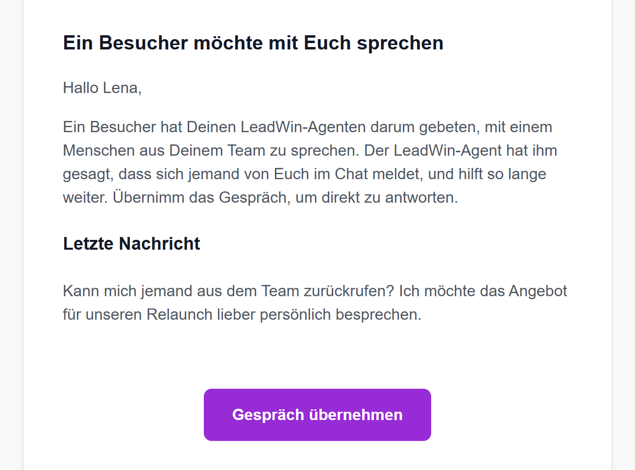 Die E-Mail Ein Besucher möchte mit Euch sprechen mit der Schaltfläche Gespräch übernehmen