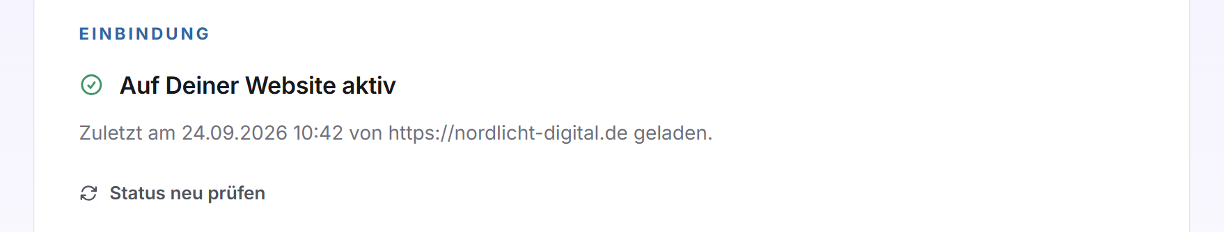Die Karte Einbindung mit grünem Haken, dem Status Auf Deiner Website aktiv und dem Zeitpunkt des letzten Aufrufs von nordlicht-digital.de