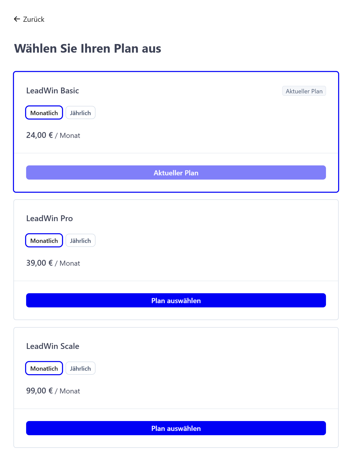 Die Planwahl im Kundenportal mit Basic, Pro und Scale, je monatlich oder jährlich