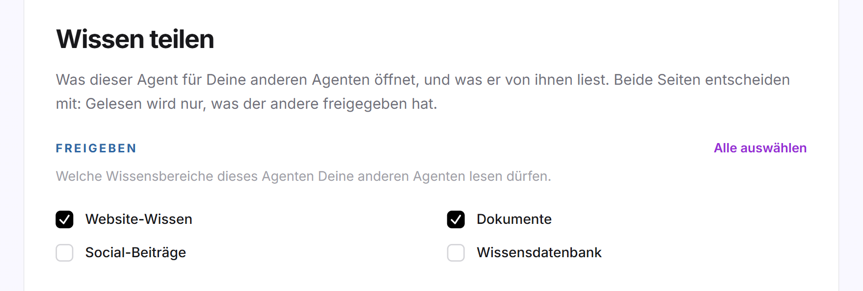 Der Bereich Freigeben der Karte Wissen teilen mit angehaktem Website-Wissen und angehakten Dokumenten