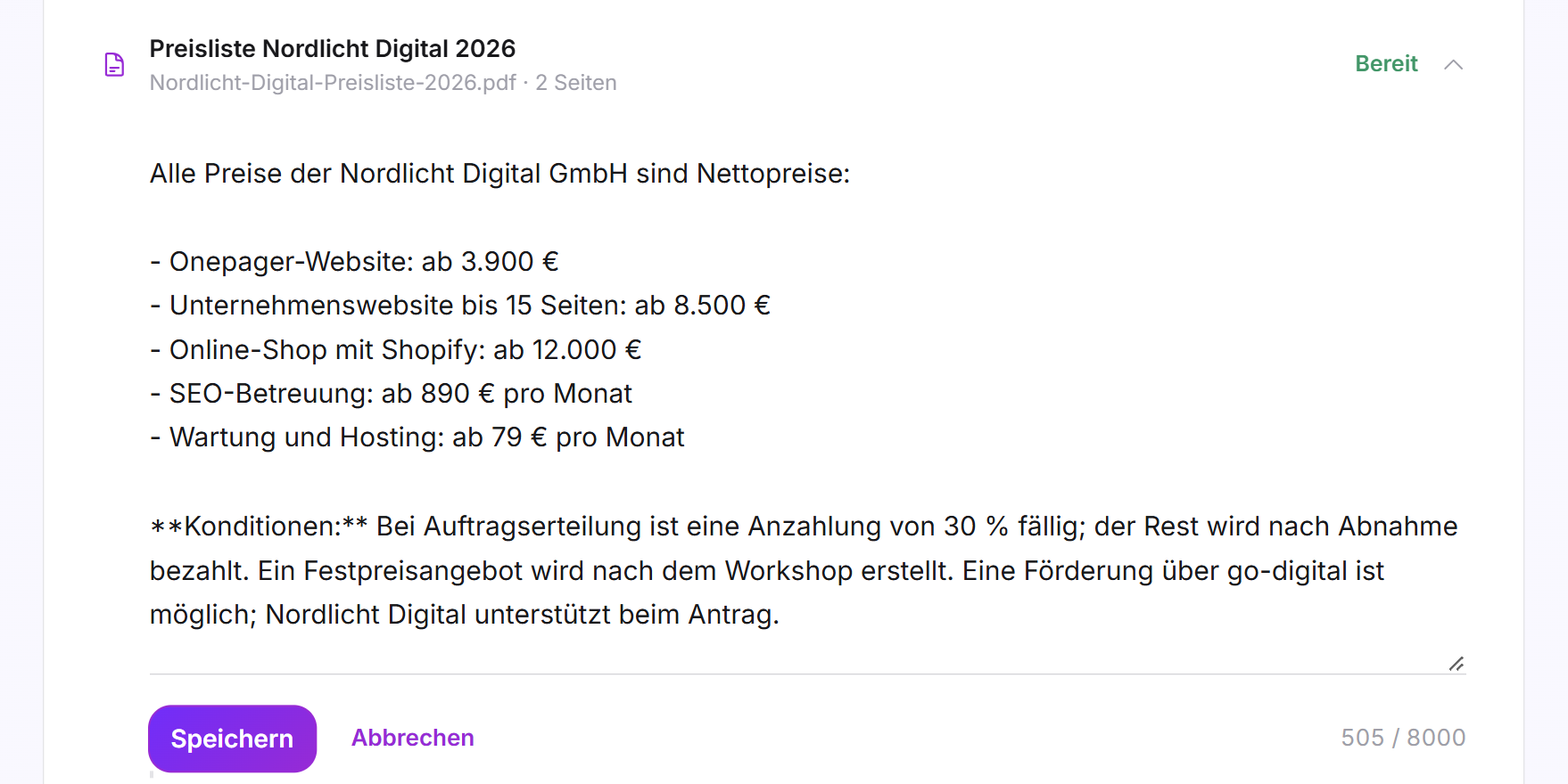 Der Editor für die Zusammenfassung mit Zeichenzähler und den Schaltflächen Speichern und Abbrechen