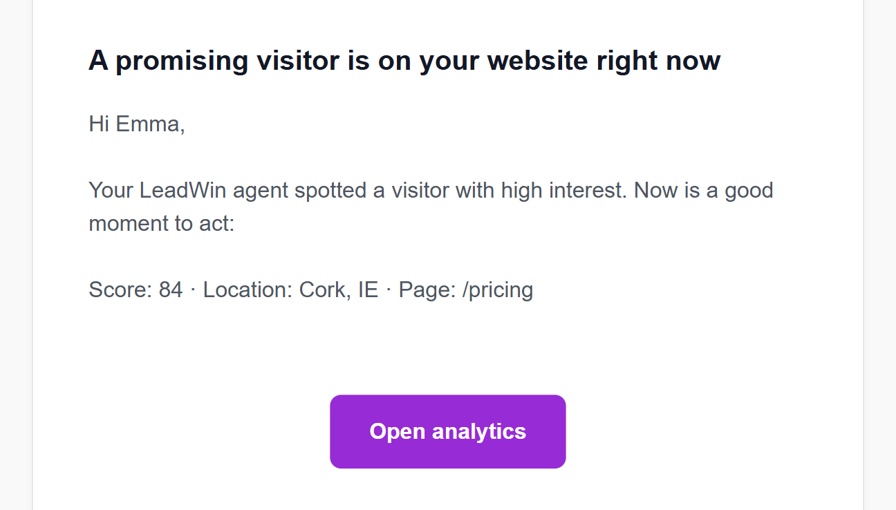 The email A promising visitor is on your website right now with score, location, page and the Open analytics button