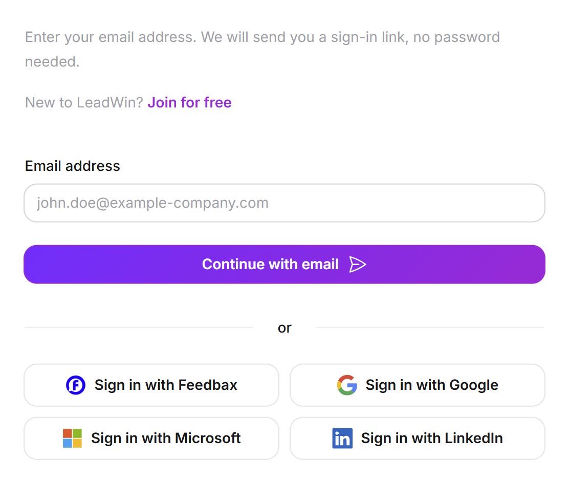 The LeadWin sign-in page with the Email address field, the Continue with email button and below it the buttons Sign in with Feedbax, Google, Microsoft and LinkedIn