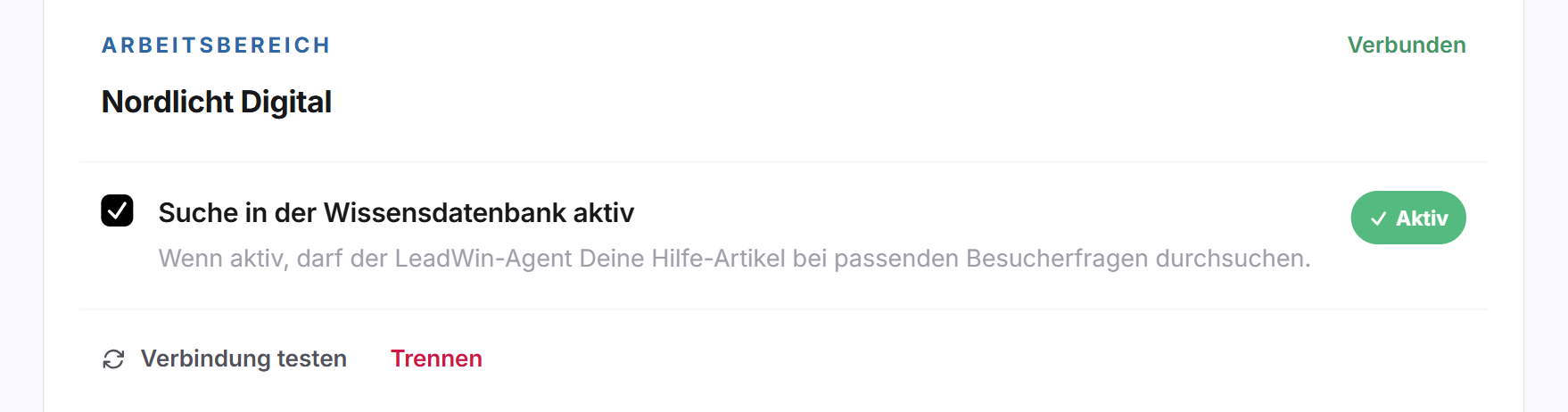 Die verbundene Intercom-Wissensdatenbank mit dem Arbeitsbereich, dem Status Verbunden, dem Schalter Suche in der Wissensdatenbank aktiv und den Schaltflächen Verbindung testen und Trennen