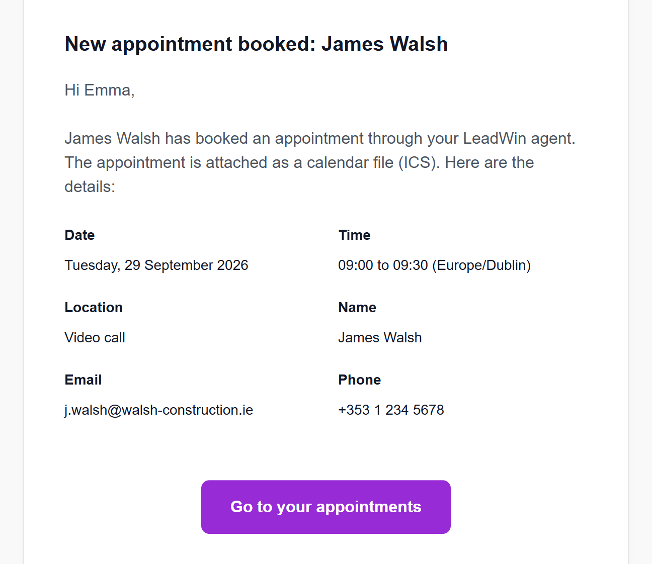 The email New appointment booked with date, time, contact details and the Go to your appointments button