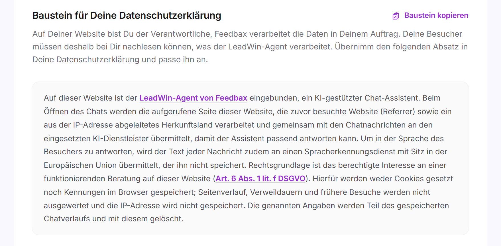 Die Karte Baustein für Deine Datenschutzerklärung mit dem Absatz zum Chat und der Schaltfläche Baustein kopieren