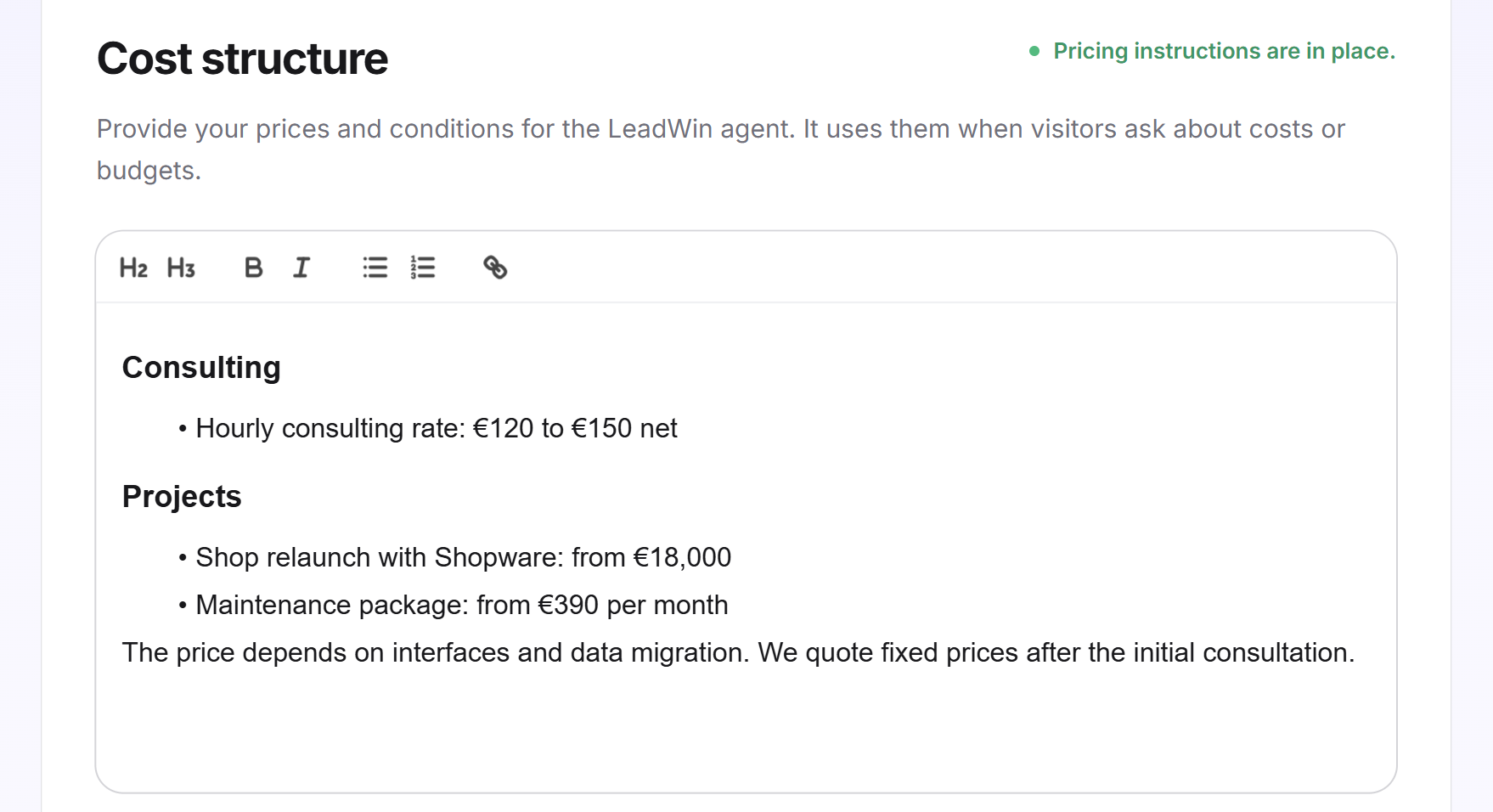 The Cost structure editor with formatted prices and the status Pricing instructions saved