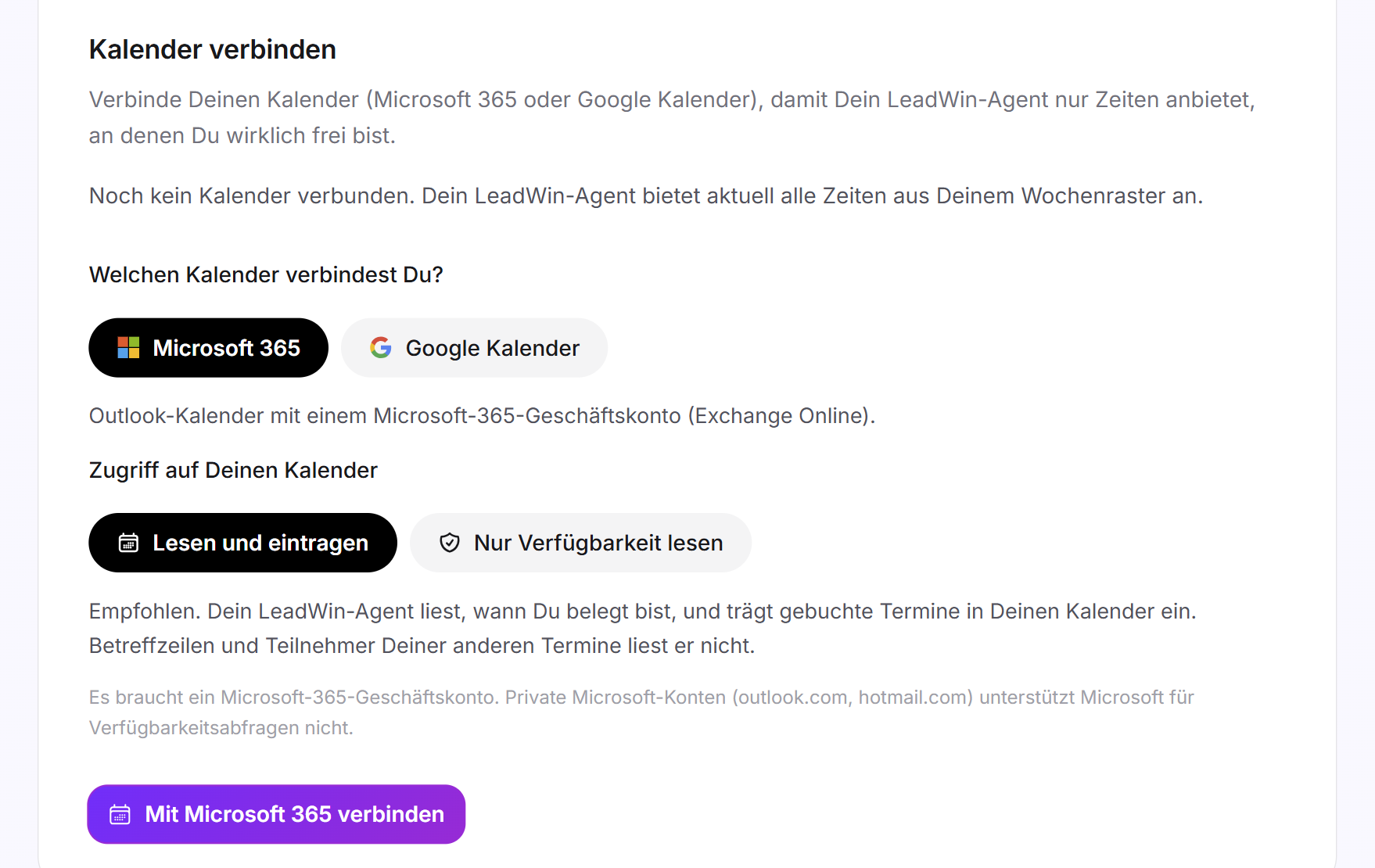 Die Karte Kalender verbinden mit den Kacheln Microsoft 365 und Google Kalender, den beiden Zugriffsarten und der Schaltfläche zum Verbinden