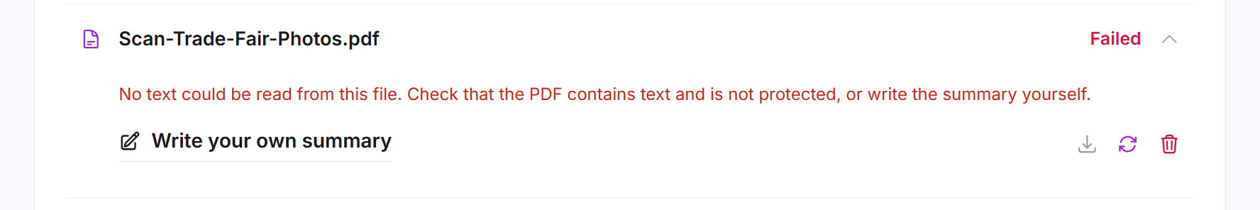A failed document with the reason, the Write your own summary button and the Process again icon