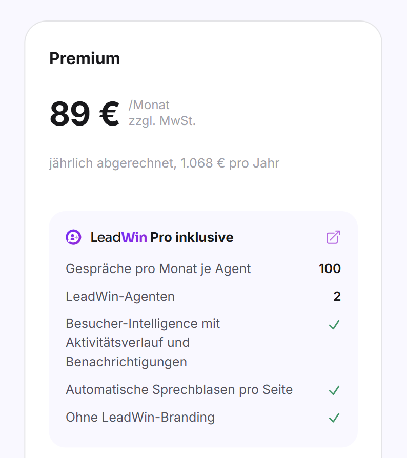 Die Karte des Feedbax-Abos Premium auf der LeadWin-Preisseite mit Preis und dem enthaltenen LeadWin-Abo Pro