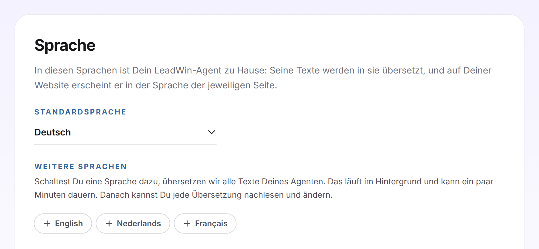 Die Karte Sprache mit der Standardsprache Deutsch und den Schaltflächen für weitere Sprachen