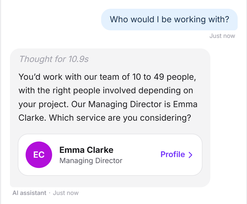 Un visiteur demande avec qui il travaillerait. L'agent LeadWin présente Emma Clarke, Managing Director, sous forme de carte avec en dessous l'Initial call de 30 minutes en visio, et demande quel domaine intéresse le visiteur