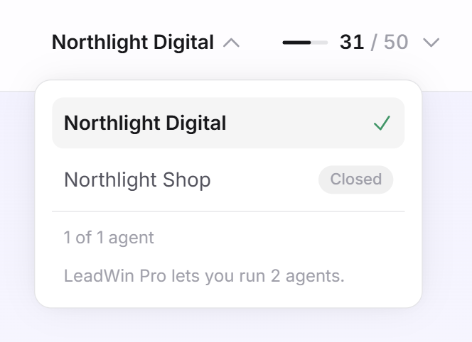 The Switch agent menu with two agents, one of them with the Closed label