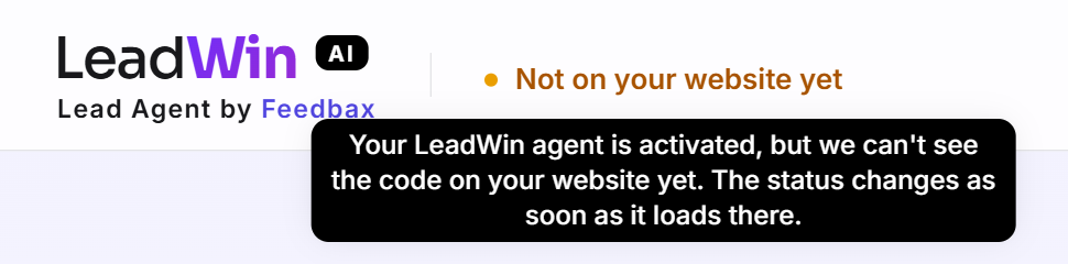 De kopregel met het LeadWin-logo en de gele status Nog niet op je website met uitleg