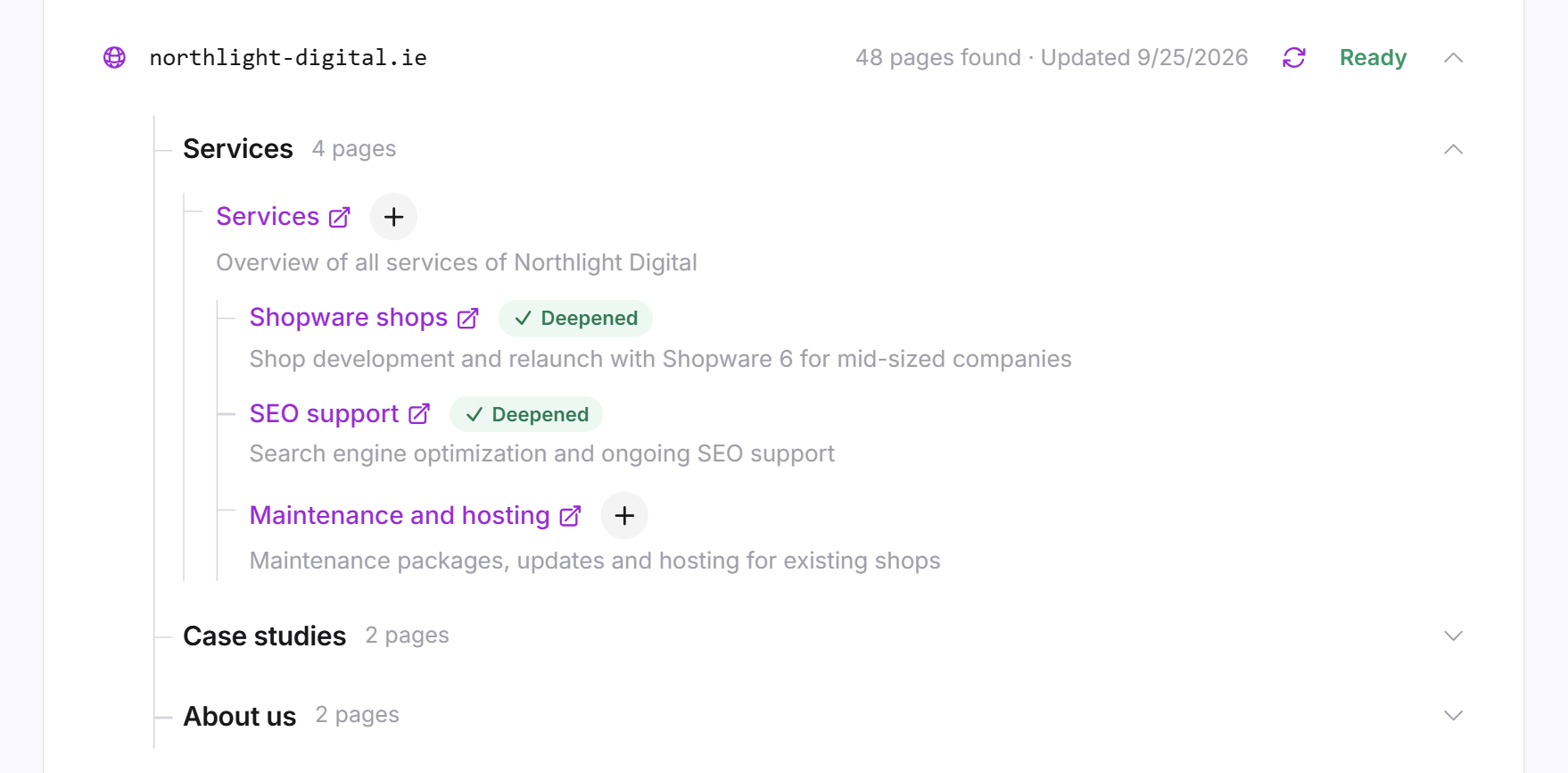 Une sitemap dépliée avec des groupes de pages, le bouton Approfondir et la mention Approfondie