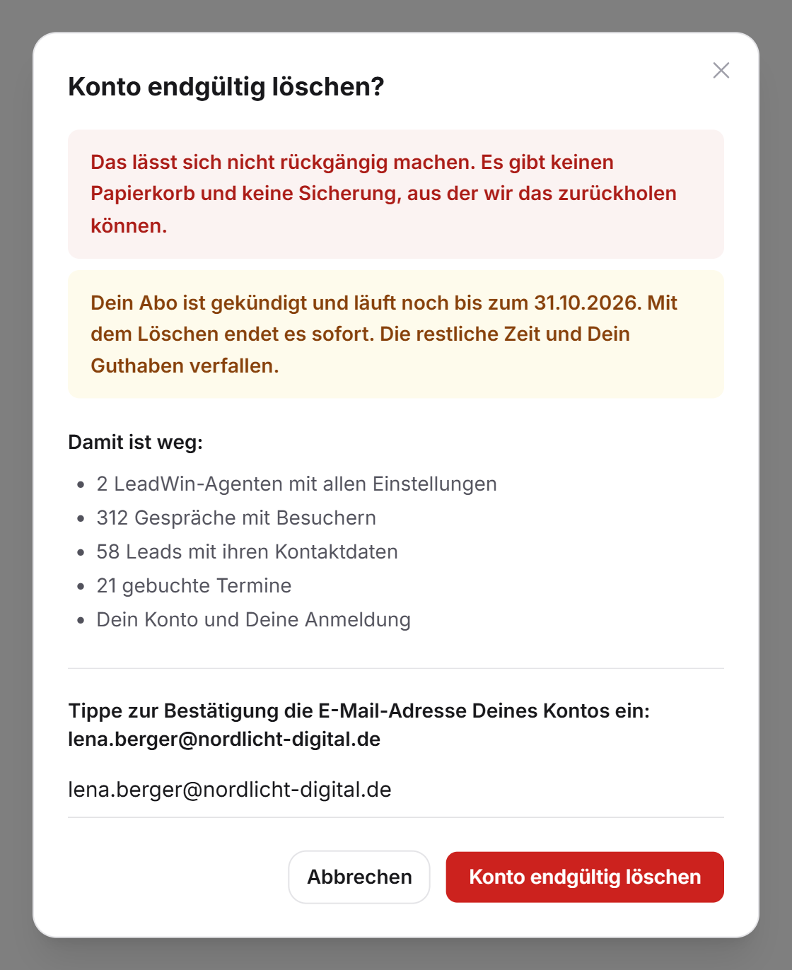 Der Hinweis im Löschdialog, dass das gekündigte Abo noch läuft und Restzeit und Guthaben verfallen